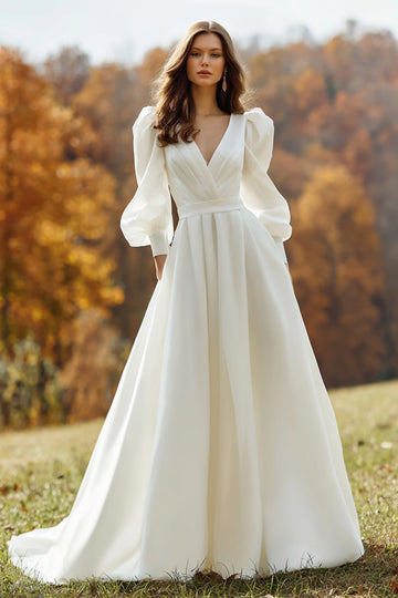 A Line V Neck Ivory Long Sleeve Wedding Dress